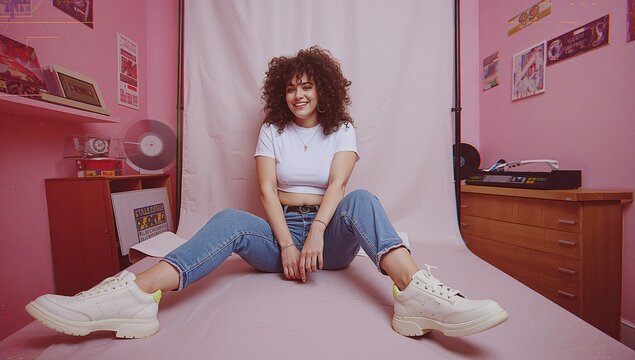 Sitting female model smiling at camera in music-themed studio, with vinyl records and turntables