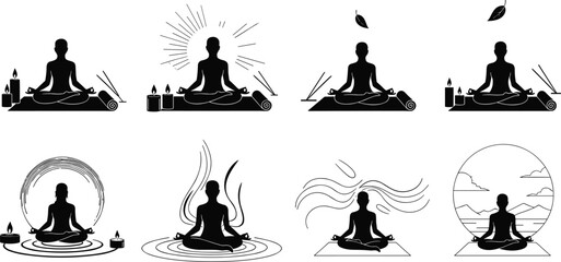 Meditation illustration, mindfulness, yoga pose, spiritual practice, inner peace, relaxation, wellness, nature connection, aura, energy flow, calm mind, vector sketch