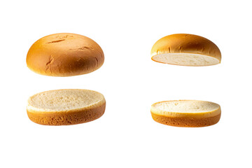 Two burger buns, one whole and one sliced in half, presented against a plain white background.