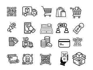 E-commerce and delivery vector icon set featuring barcode, delivery truck, package, shopping bag, sales discount tags, and shipping elements.
