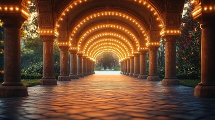 Fototapeta premium Enchanted Pathway: A Serene Stroll Through Illuminated Arches
