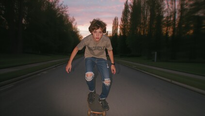 Skateboarding teenage boy wearing jeans gliding along tree-lined street at dusk, showing wristwatch