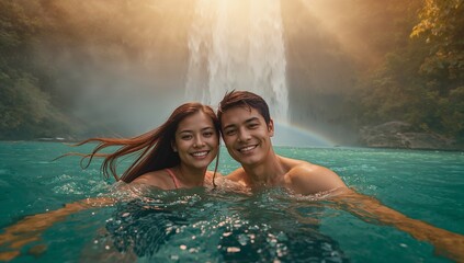Swimming romantic couple holding camera at waterfall pool, rainbow arching over turquoise water