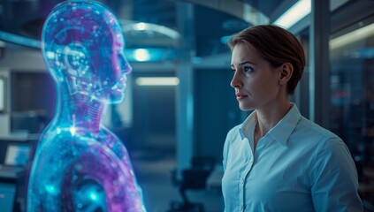 Analyzing engineer examining holographic humanoid projection in research lab, wearing white shirt
