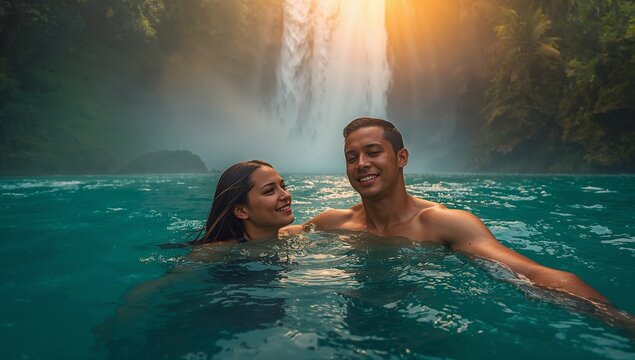 Swimming couple wearing swimwear wading in natural pool at waterfall base, with tropical foliage