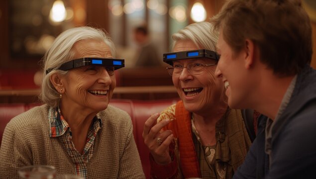 Smiling two senior women and man wearing AR headsets in red leather booth, holding pizza slice