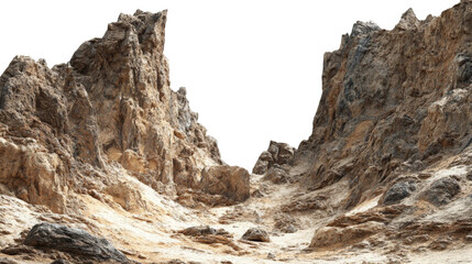 A stunning rocky landscape showcasing towering cliffs and rugged terrain, illuminated by soft sunlight, with scattered boulders and a clear blue sky in the background, ideal for nature-themed projects