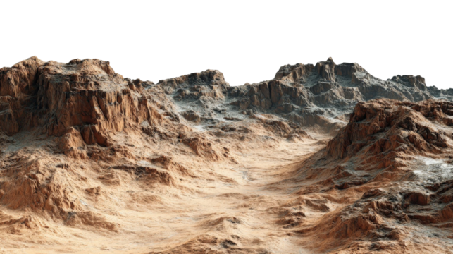 A breathtaking view of rugged, rocky mountains with a sandy valley, showcasing natural textures and colors under a clear sky, ideal for landscape photography and exploration themes