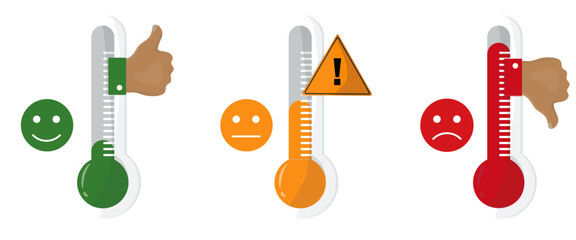 Temperature Climate Change. Three thermometers showing temperature levels isolated on transparent background. Climate indicators. Global warming.. Climate crisis. Climate risk. Vector illustration