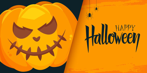 Happy Halloween festive banner with hand lettering greetings and scary pumpkin. Vector illustration. © FineVector
