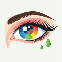 Artistic illustration of a human eye featuring a rainbow-colored iris, vivid makeup