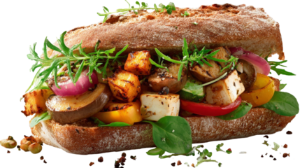 A vibrant and appetizing sandwich filled with grilled vegetables and fresh greens, presented on a rustic wooden table, showcasing a healthy lifestyle choice