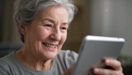 Smiling senior Asian woman holding silver tablet wearing gray sweater in living room, copy space