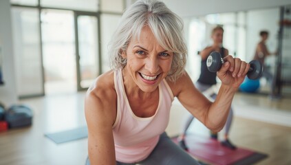 Senior woman lifting dumbbell in fitness studio wearing tank top, with mirror wall, exercise ball
