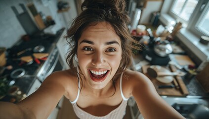 Woman wearing striped camisole taking selfie in home kitchen, with stove frying pan spatula bowls