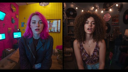Split-screen creators streaming in pink studio and performing in lounge, with monitors and records