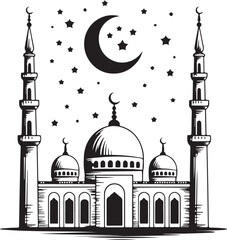 Black  Islamic Vector Set with Mosque,and Minaret  Black Vector Illustration 