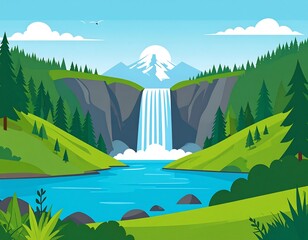 Obraz premium Majestic waterfall cascading into tranquil mountain lake scenery