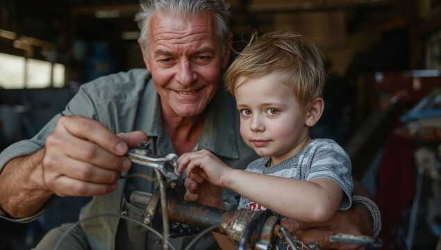 Grandfather in green shirt and grandson in striped shirt tightening handlebar in garage with wrench