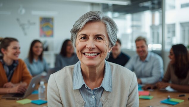 Leading senior manager guiding team around table in glass-walled meeting room, with laptops