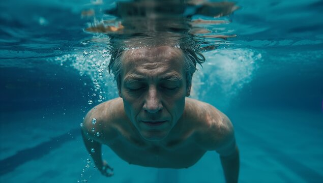 Floating senior man gliding beneath water surface in turquoise pool, with rising air bubbles