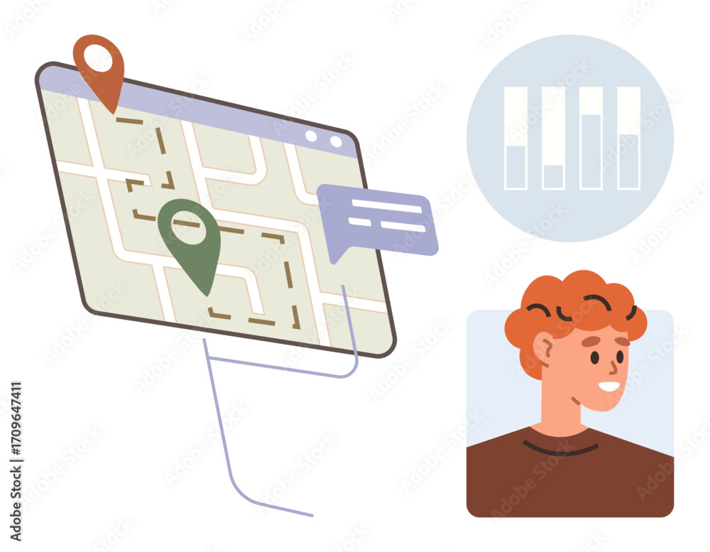 Aufkleber map interface with location pins, user profile, and analytics chart. ideal for navigation, planning,