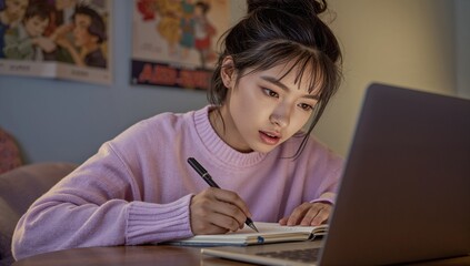 Studying Asian female student writing in notebook at bedroom corner, with silver laptop desk lamp