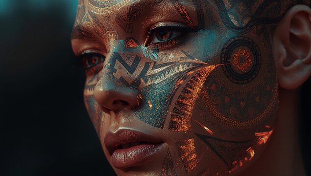 Showing female face displaying metallic gold teal patterns in studio with amber red eyes and lips - Powered by Adobe