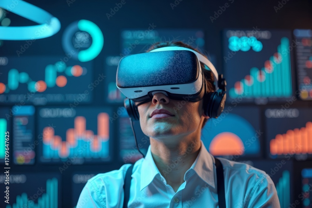 Poster immersed in a virtual reality data analytics world: a data analyst surrounded by floating key perfor