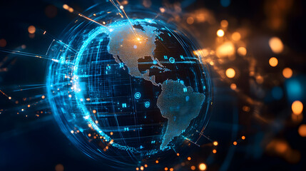A digital world globe with glowing connections and data streams in a dark technological setting