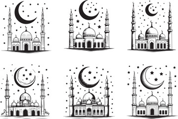 Black  Islamic Vector Set with Mosque,and Minaret  Black Vector Illustration 
