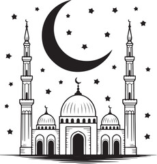 Black  Islamic Vector Set with Mosque,and Minaret  Black Vector Illustration 