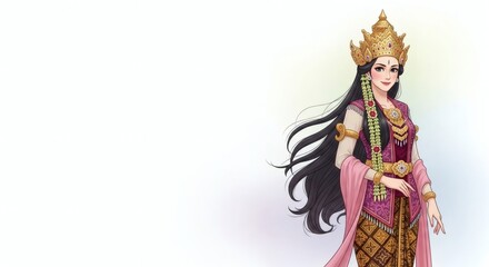 Fototapeta premium Illustration of a woman in traditional attire with a golden crown and pink shawl.