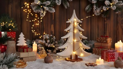 Christmas Decor with Tree Lights Gifts and Festive Ornaments
