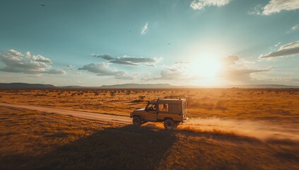 Fototapeta premium Tan four-wheel drive safari SUV traveling on dirt road in golden grassland, with dust plume