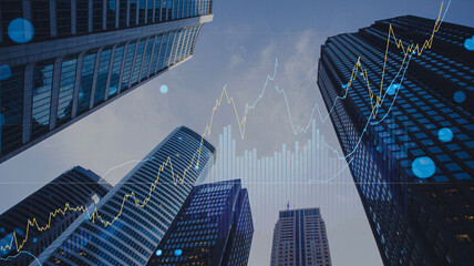 Modern skyscrapers reflect financial growth charts and market trends