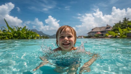Smiling child in blue swimsuit splashing clear turquoise water at resort pool, with patio umbrella