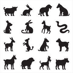 Diverse collection of twelve distinct animal silhouettes, featuring a range of mammals like dogs, horses, and bears, ideal for graphic design, educational materials, and emblem creation
