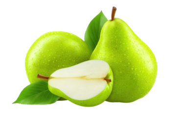 Two Ripe Green Pears with a Cross Section and Leaves on Transparent Background