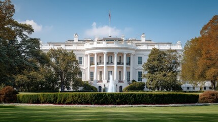 A white house building with a clear blue sky background, a scene of Washington DC.