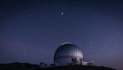 Obraz premium Observatory dome gleaming in remote hillside at night, with slit opening and support buildings