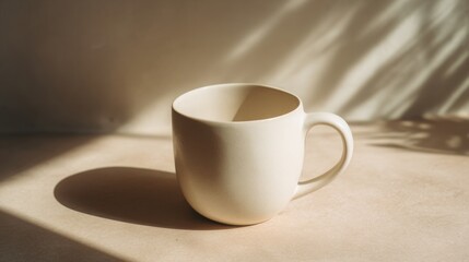 Elegant photo of closeup view showcases a plain white ceramic mug set against a softly lit surface. Subtle shadows enhance the simplicity and elegance of the design.