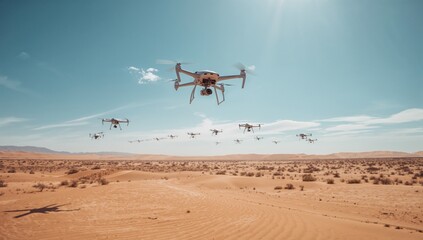 Hovering quadcopter fleet capturing golden sand dunes over desert landscape, with camera gimbals
