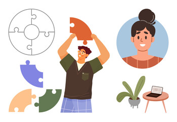 Man placing colored puzzle piece into frame, abstract headshot on side, laptop on desk with plant nearby. Ideal for teamwork, creativity, strategy, collaboration, personal growth, education