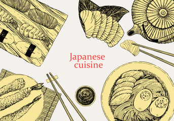 Japanese Restaurant Menu. Hand-drawn illustration of dishes and products. Ink. Vector	