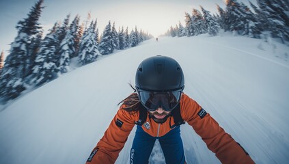 Carving skier wearing orange jacket black helmet with goggles descending alpine slope, with skis