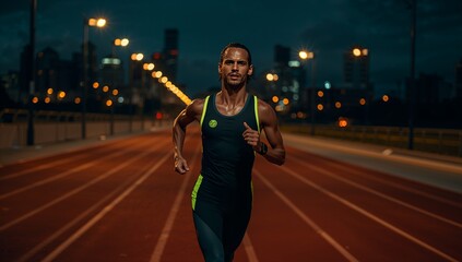 Lean male athlete sprinting on urban red track at night, with neon gear, LED lamps, skyline