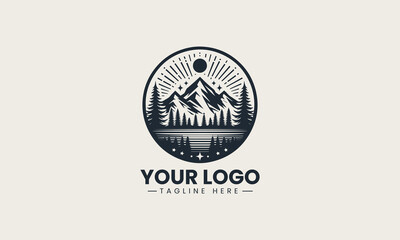 Powerful black and white vector logo of majestic mountains and pine trees, a stunning design for outdoor adventure brands