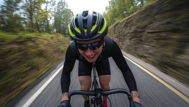Cycling rider holding drop handlebars on mountain road, with neon-striped helmet, stone wall
