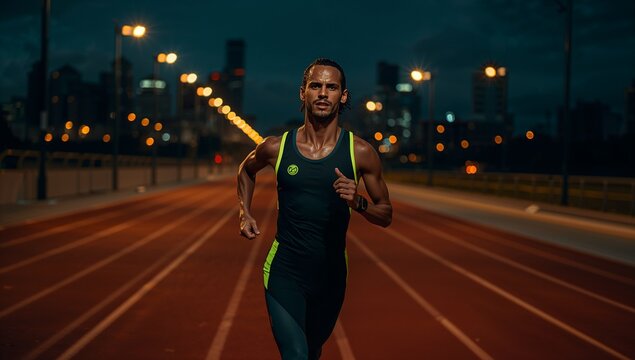 Lean male athlete sprinting on urban red track at night, with neon gear, LED lamps, skyline
